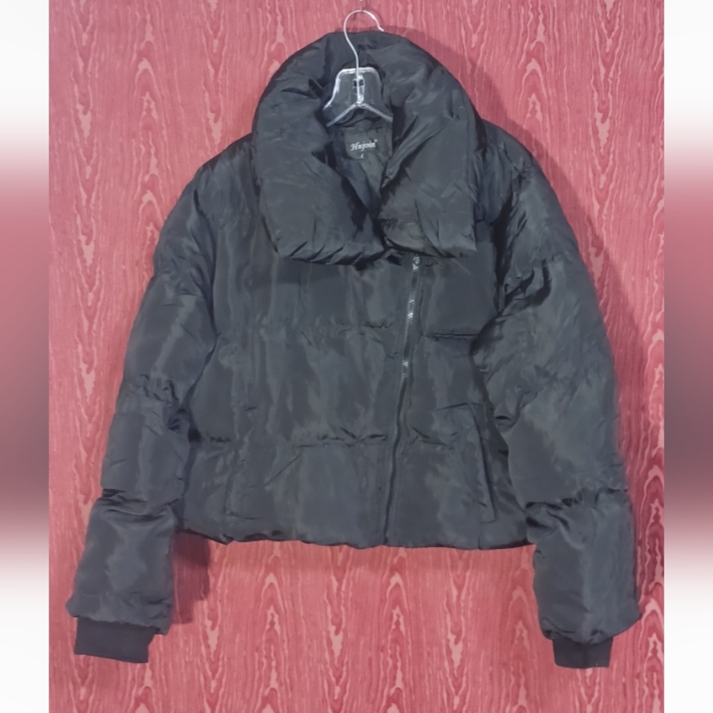 HUJOIN Black Oversized Collar 2 Pockets Short Puffer Winter Jacket Women's Sz M
